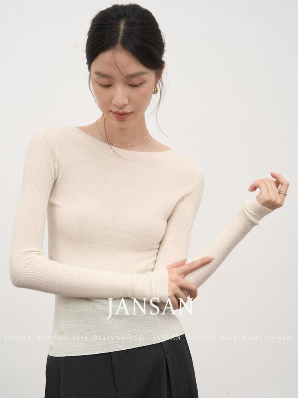 JANSAN ヘリンボーン テクスチャー ウーステッド ウール ラウンドネック スリム ボトム セーター 女性用|undefined