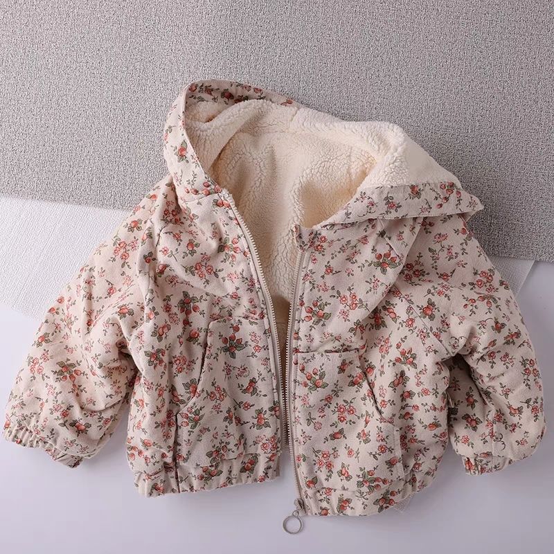 Autumn and Winter Women's Children's Coat Baby's Western Style Children's Distinctive Trendy Korean Style Floral Hooded fleece-lined Thickened Jacket Outerwear