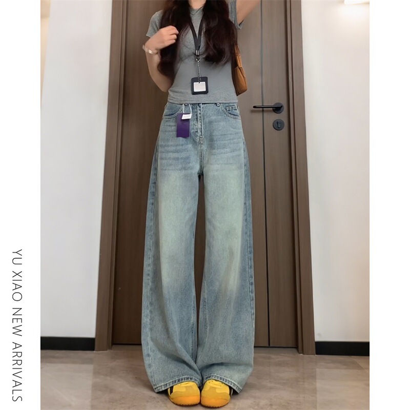 Light-Colored Wide-Leg Jeans for Women, Autumn and Winter Trendy New Style, Plus-Size Loose Fit, Flattering for Pear-Shaped Body, Straight-Leg Pants
