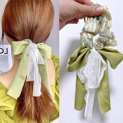  Chinese hanfu fairy dress hair ribbon bowknot bud silk green ribbon bow hair super fairy hair ring silk texture hair rope