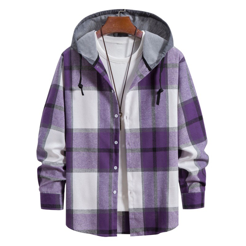 2023 primavera y otoño nueva camisa de manga larga a cuadros de los hombres camisa con capucha de moda de estilo coreano camisa de los hombres ocasionales de los hombres al por mayor