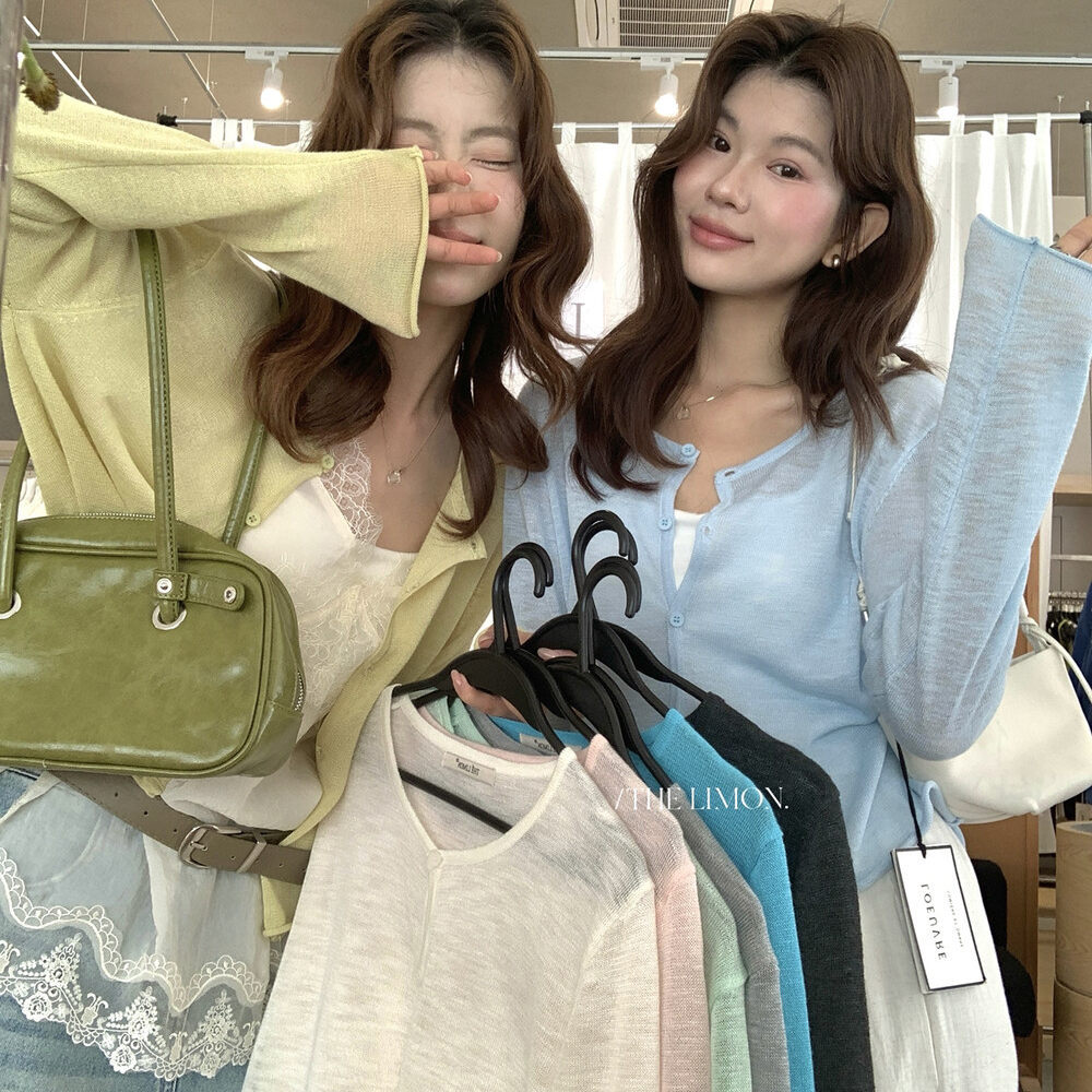 Áo khoác cardigan nữ cổ tròn chất liệu tre đũi chống nắng mỏng nhẹ — Đỏ thẫm, Xám cacbon, trắng ngà, xanh nhạt