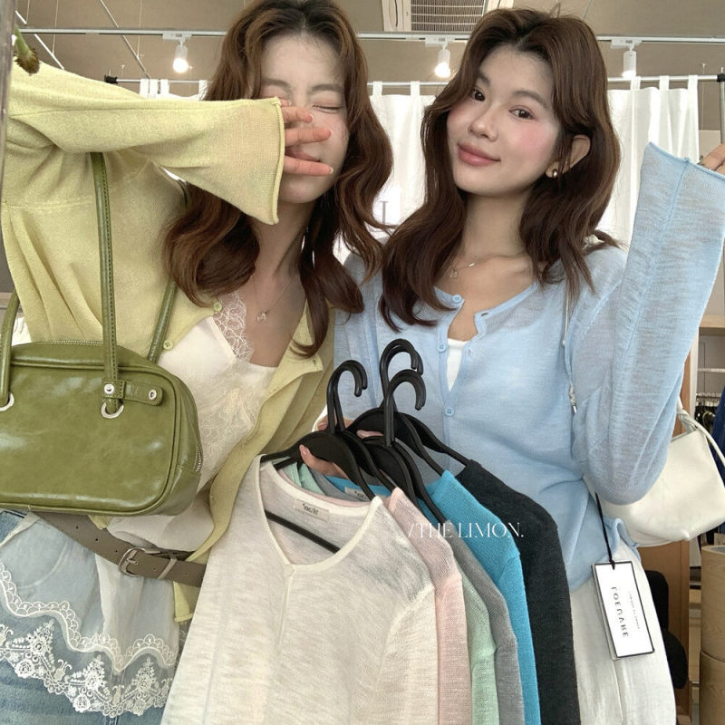 Lemon Green Tea Style Round Neck Bamboo Linen Sun Protection Knit Cardigan for Women, Spring and Summer Sun Protection Shirt, Thin and Gentle Top