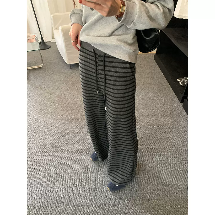 黄峥慵懒风抽绳垂感条纹休闲裤女秋冬百搭显瘦直筒遛弯长裤541029