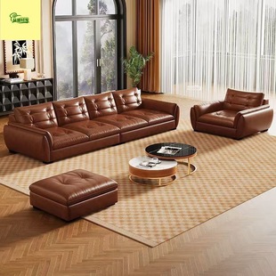 2025 New Simple Sofa Straight Row Cat Scratch Oil Wax Leather Sofa Living Room Small Apartment Office High-End Leather Sofa