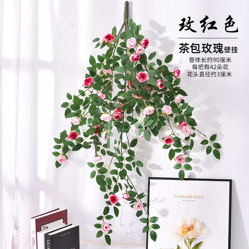 Artificial rosa de ratán pared colgando vid bolsa de té flor falsa aire acondicionado tubo sinuoso bloque feo decoración de la pared de plástico