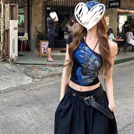 美式辣妹蝴蝶印花斜肩吊带背心女夏季新款感内搭外穿修身上衣