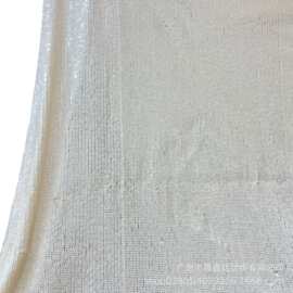 新款网纱绣杏黄乳白叠片竖条珠片面料连衣裙舞台服礼服亮片绣布料