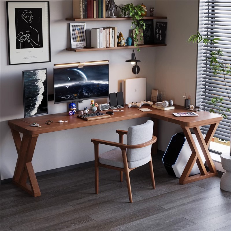 L-Shaped Solid Wood Corner Computer Desk Corner Desk Bookshelf Integrated Double Home Corner Desk Gaming Table