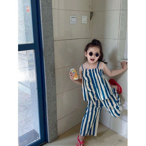 Girls suit striped suspender top and nine-point pants two-piece set 24 summer clothes new foreign trade children's clothing dropshipping