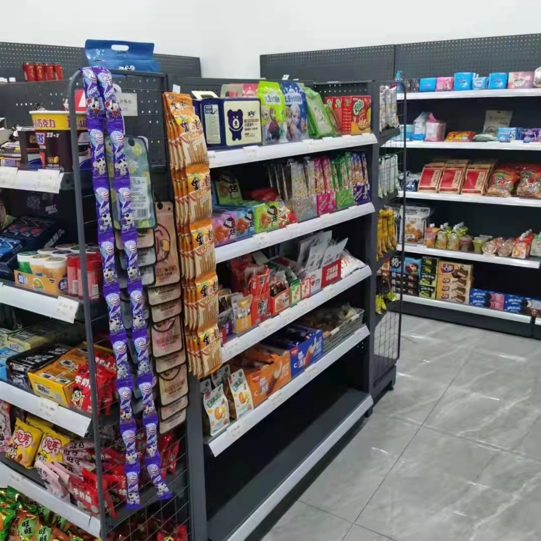 Estantes de exhibición de supermercados estantes de almacenamiento multicapa de tiendas de conveniencia estantes de doble cara estante de cabeza de bocadillos estantes de pared unilaterales gruesos