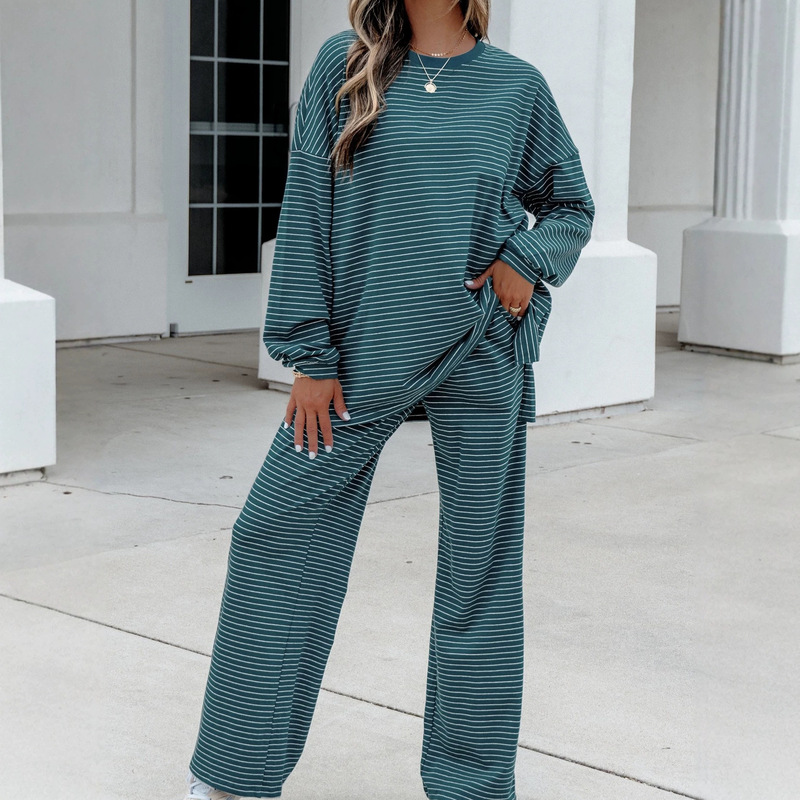 Autumn new loose casual suit for women, European and American minimalist style, striped multi-color long-sleeve two-piece set, direct from the manufacturer Autumn new loose casual suit for women, European and American minimalist style, striped multi-color long-sleeve two-piece set, direct from the manufacturer