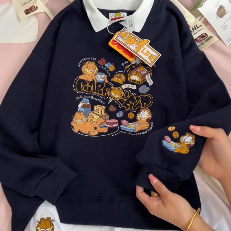 Fleece-Lined Thick Garfield Heavy Embroidery Crew Neck Mid-Length Long-Sleeve Pullover Sweatshirt for Women Korean Style Trendy Sweatshirt