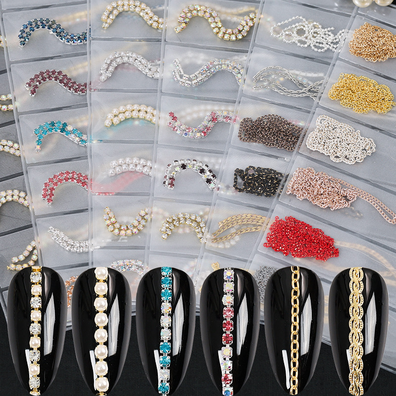 Super Value Six Packaging Japanese Style Creative Nail Decoration Chain Pearl Rhinestone Chain Nail Art Metal Color-Preserving Chain Wholesale