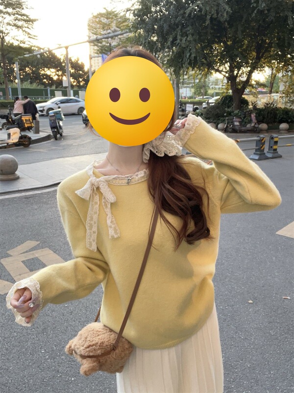 韩版圆领甜美蕾丝边针织毛衣女春秋季新款洋气百搭休闲显瘦上衣女|undefined