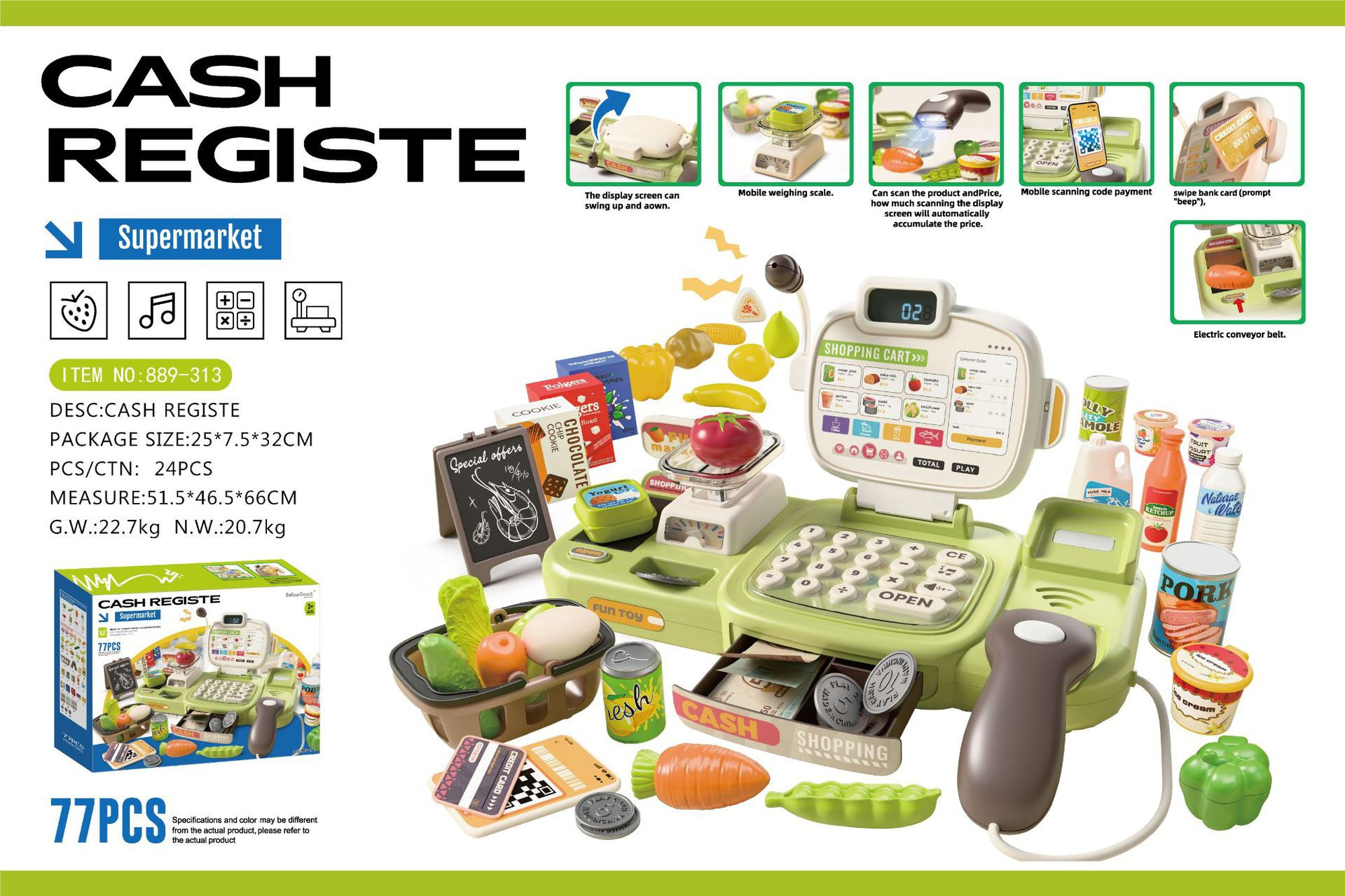 Simulación transfronteriza infantil de supermercado de compras helados hamburguesas cafetera juegos caseros cajas registradoras