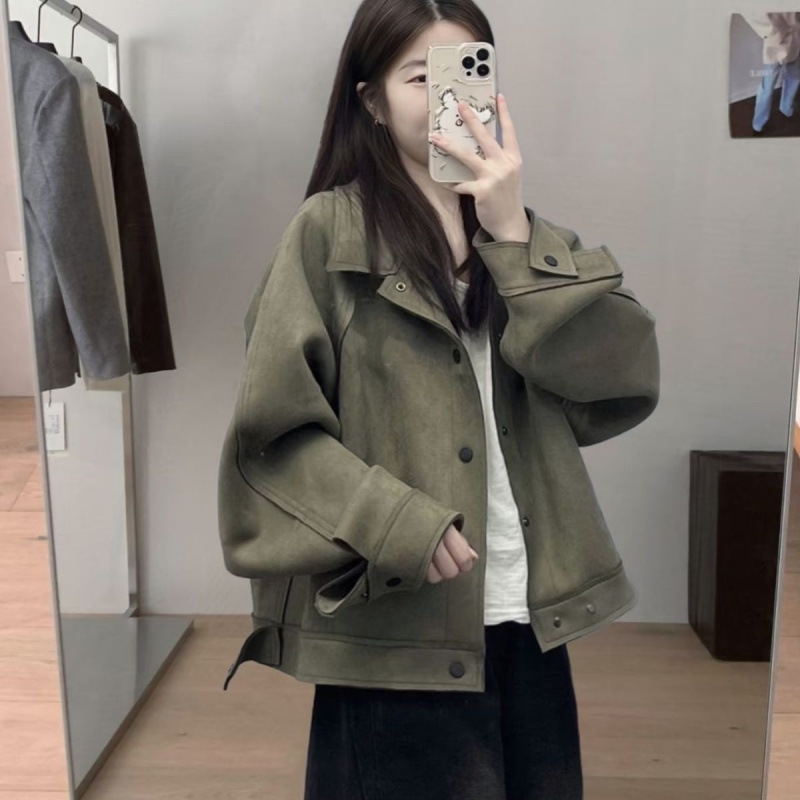 2025春季仿麂皮绒外套女春秋美式复古机车夹克工装小众设计感外套