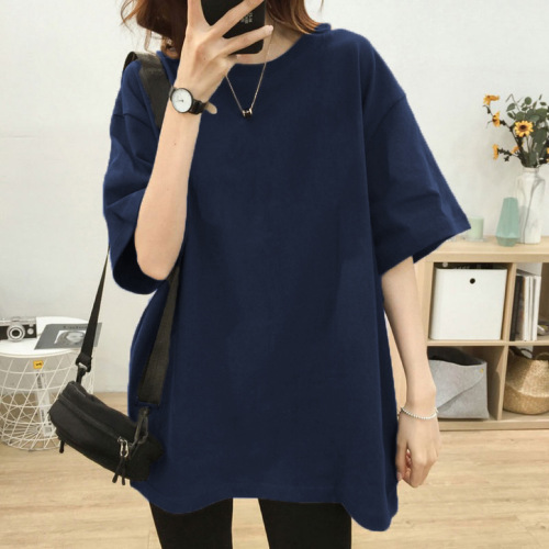 200g pure cotton mid-length t-shirt for plus-size women's summer  loose solid color short-sleeved T-shirt for men and women trendy