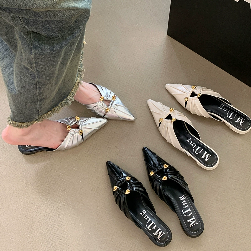 Mi Ting европейский и американский стиль складки металлические туфли на высоком каблуке Muller Shoes 2025 летний новый удобный мягкий кожаный заостренный холодный тапочки для женщин