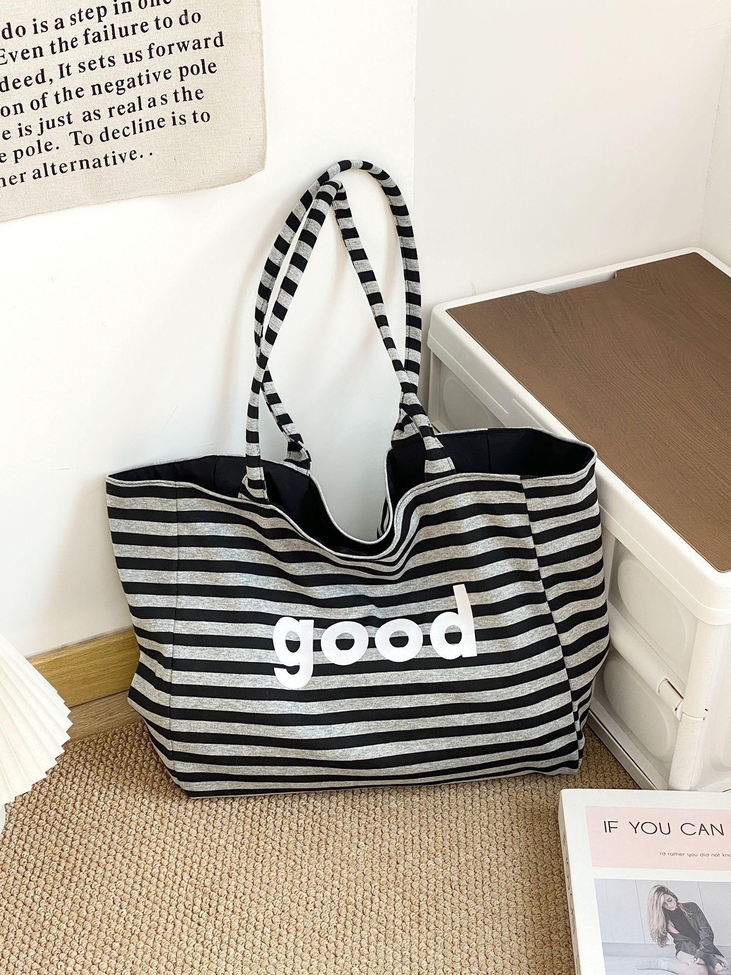 GoodDouble-sided large tote-black and gray stripes