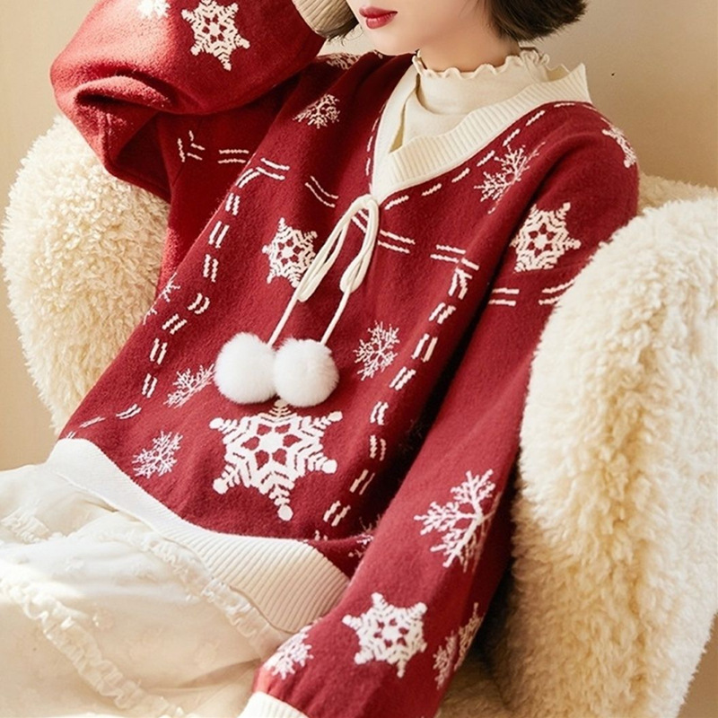 New Year and Christmas Atmosphere Knitted Sweater for Women 2025 Autumn and Winter New Sweet Red Snowflake V-Neck Pullover Top