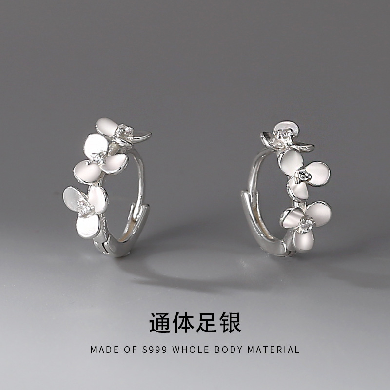 S999純銀俏仙小花朵耳扣女士簡約氣質耳環冷淡風足銀999耳飾飾品