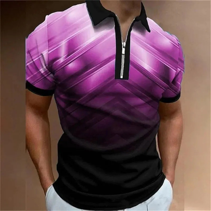 2024 venta caliente personalidad moda impresión 3D hombres verano calle suelta solapa manga corta cremallera camisa POLO