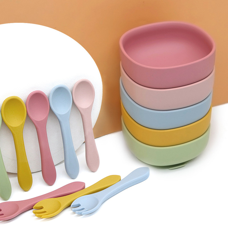 Cross-border in stock Food Grade Silicone Dinner Plate Baby Silicone Bowl Baby Children's Bowl Tableware Placemat Spoon Fork Anti-drop suit