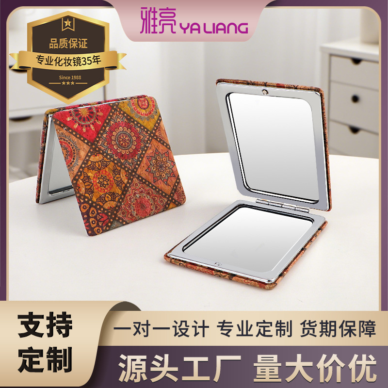 Fuente del fabricante Cuero de grano de madera personalizado estilo bohemio Espejo de doble cara de estilo Xinjiang Espejo plegable Espejo de pan