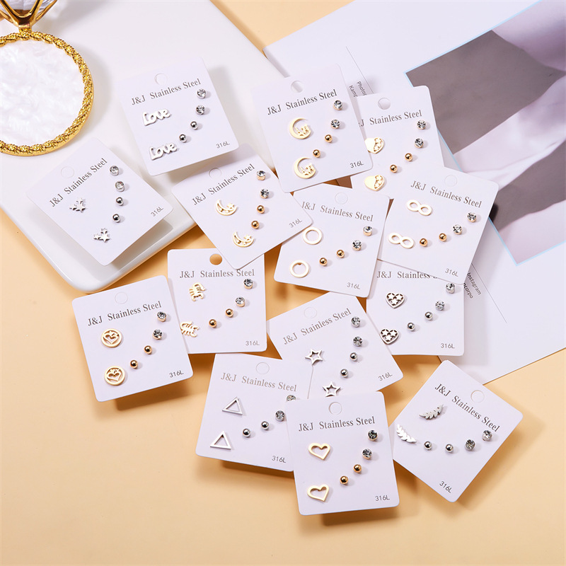 Wholesale Jewelry Simple Style Star Tree Heart Shape Stainless Steel Alloy Rhinestones Plating Inlay Ear Studs display picture 1