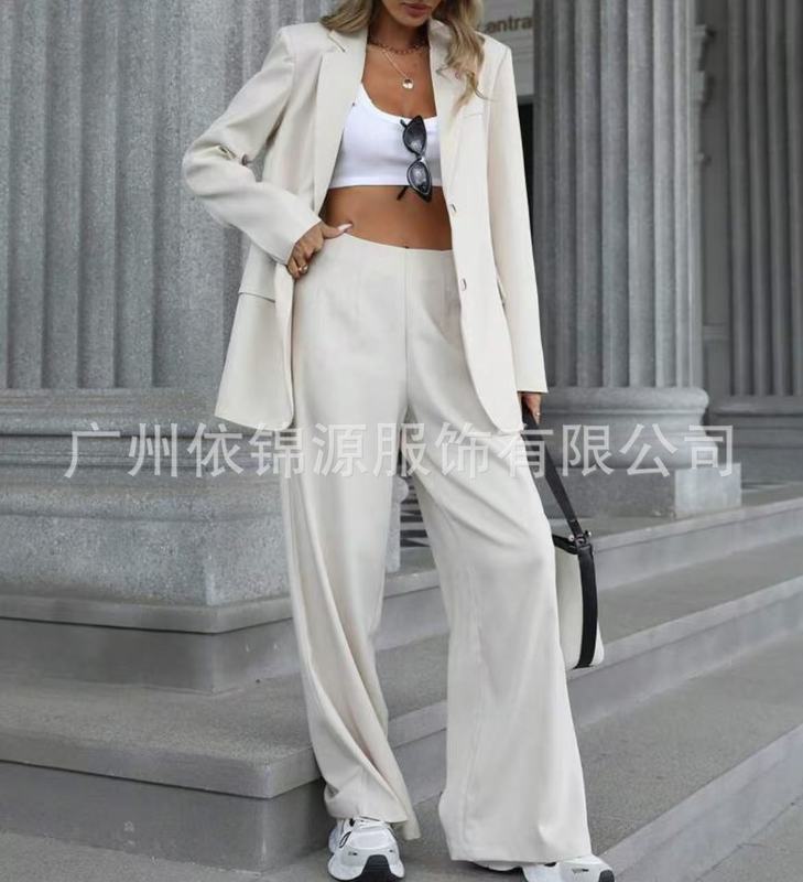 2025欧美外贸女装气质优雅纯色翻领西装插袋直筒裤套装|undefined
