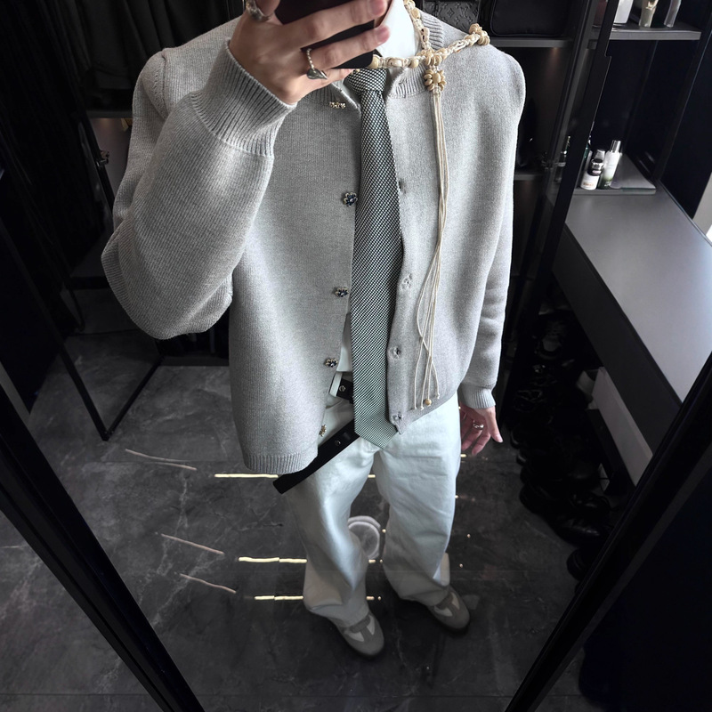 Korean Gray-Style Short Wide Boxy Casual Knit Cardigan Autumn and Winter Heavyweight Thickened Men's Miu-Style Sweater Jacket