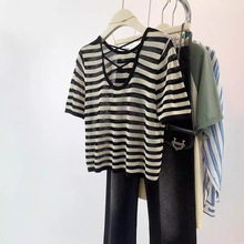 冰丝针织衫短袖T恤女夏季镂空条纹正肩上衣圆领宽松显瘦慵懒罩衫