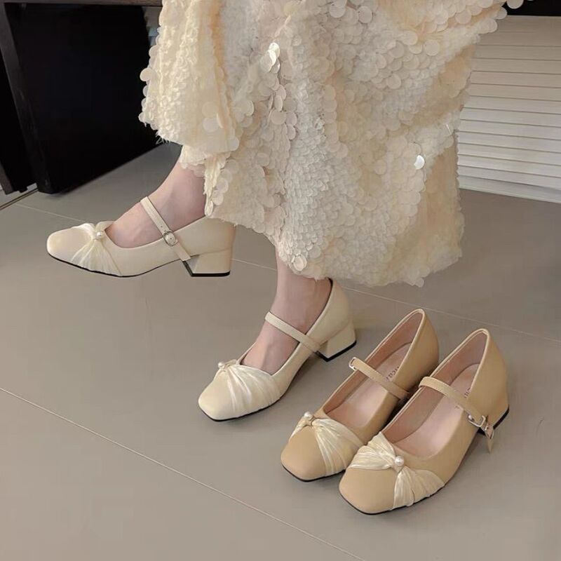 2025 Spring/Summer New Mary Jane Shoes French Fairy Style Shallow Mouth Single Shoes with Bowknot and Strap, Chunky Heel Women's Shoes
