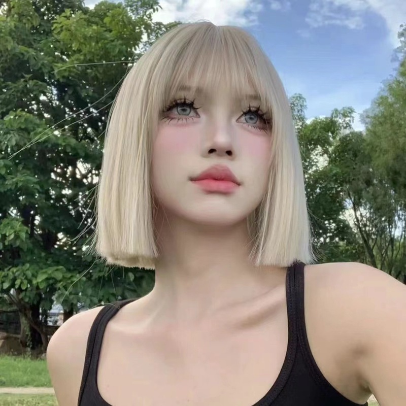 亚马逊新品欧美假发 女短直发中分黑色波波头套短款直发假发头套|undefined