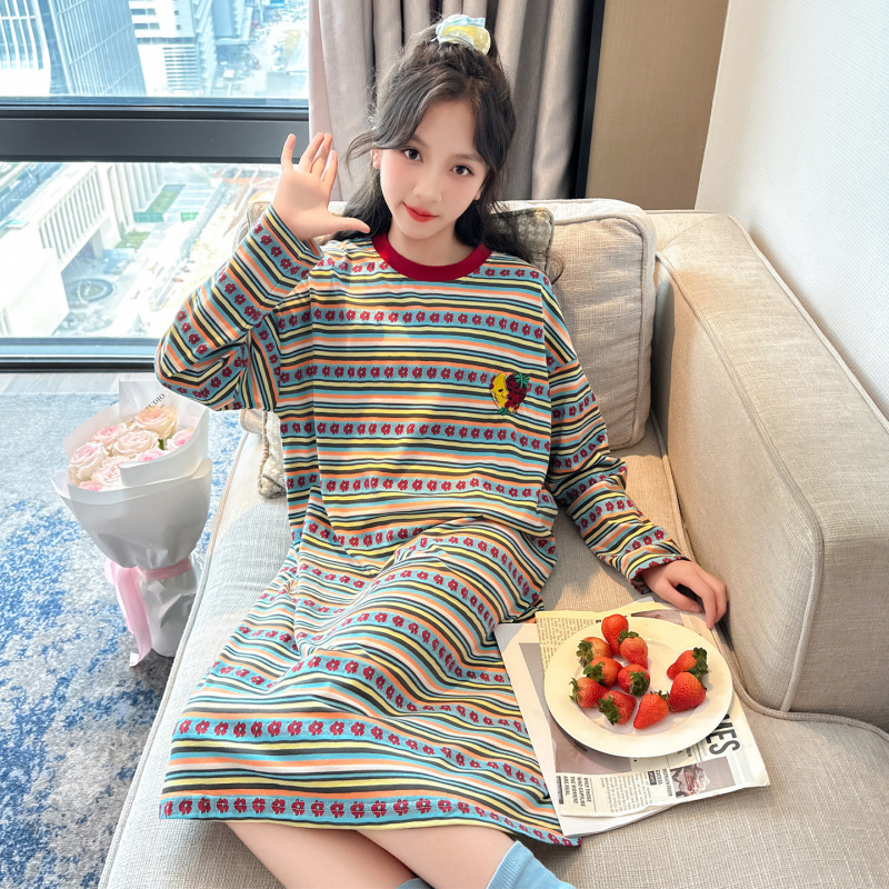 女童睡裙长袖春秋2025新款儿童女孩初中生长款睡衣大童高端家居服|undefined