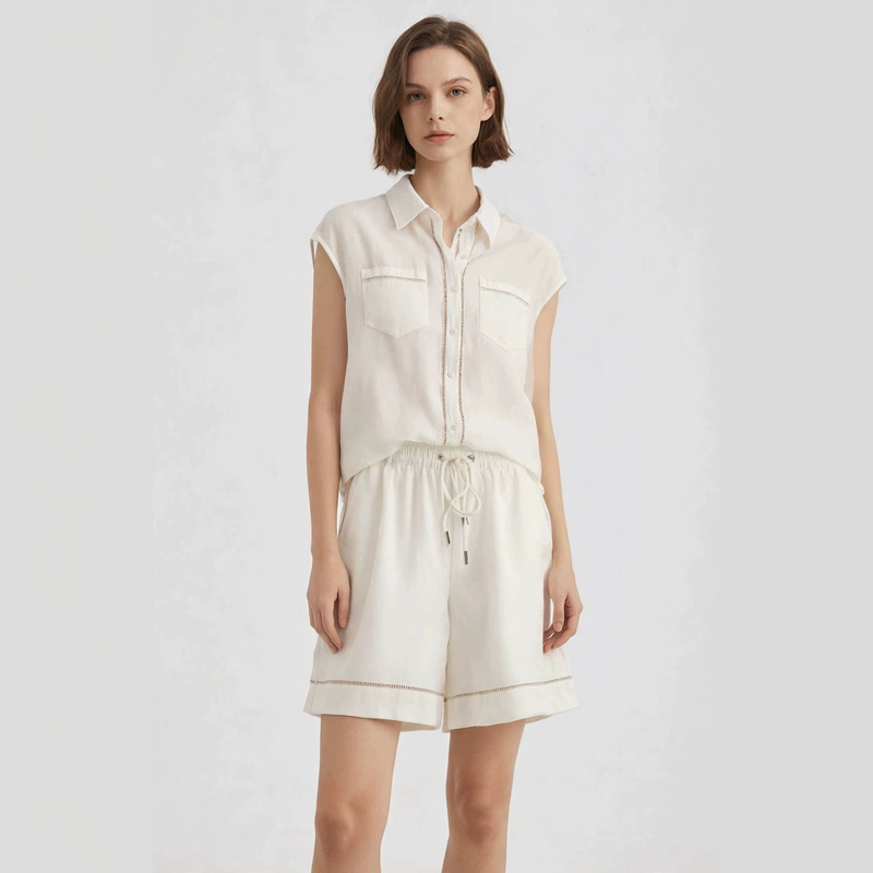Bc Same Style Old Money Style Tencel Linen Suit for Women Summer Lapel Sleeveless Hollow-Out Shirt Top + Shorts Two-Piece Set