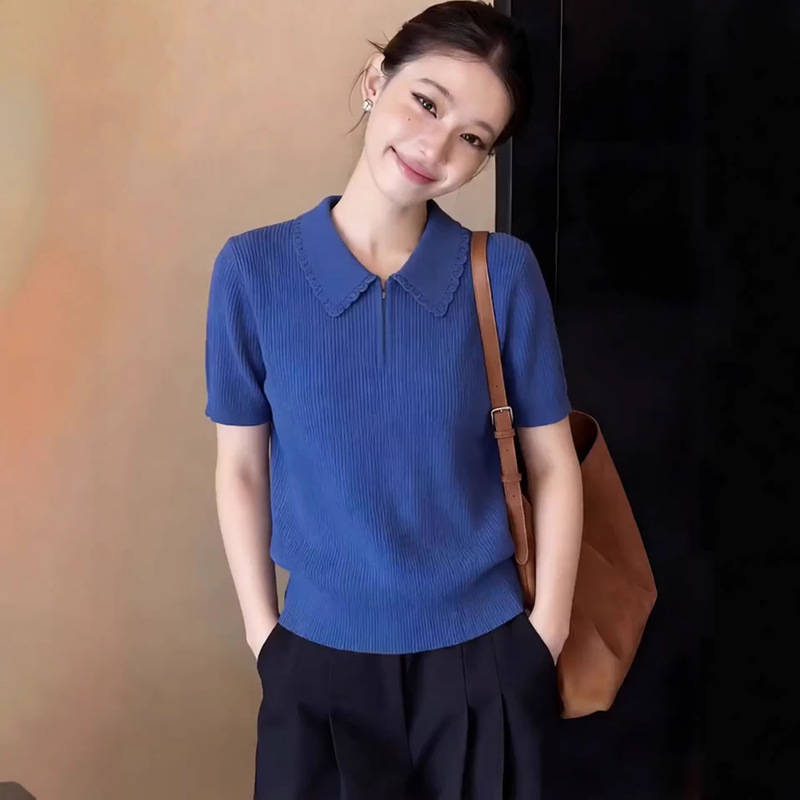 Blue Gentle Style Exquisite Lace Lapel Knitted T-Shirt for Women 2026 Summer New Half-Zip Large Size Top