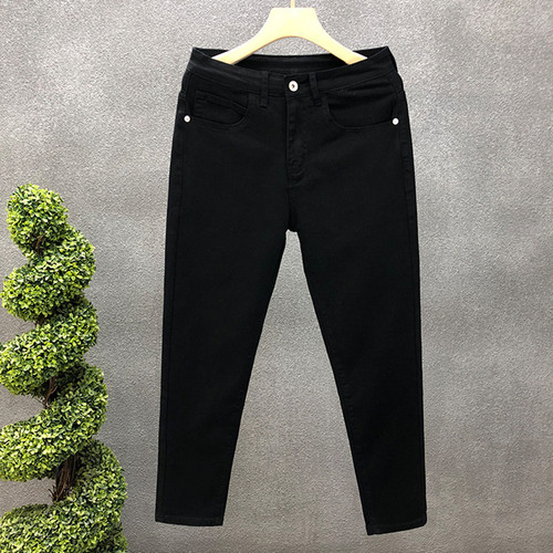 Black pure denim jeans for men trendy slim fit ankle-length nine-hole pants for men stylish young white casual pants