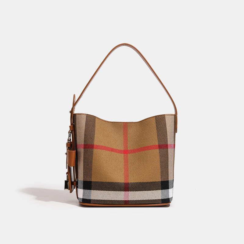 New Plaid Cloth and Leather Bucket Bag 2025 High-End Casual Large-Capacity Women's Bag Plaid Satchel Shoulder Bag