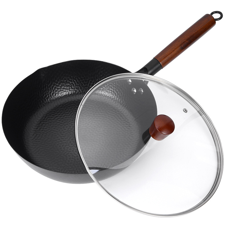 Uncoated Hand-Forged Deep Fry Pan Household Frying Pan Egg Pan Steak Pan Non-Stick Pan Universal for Induction Cooker