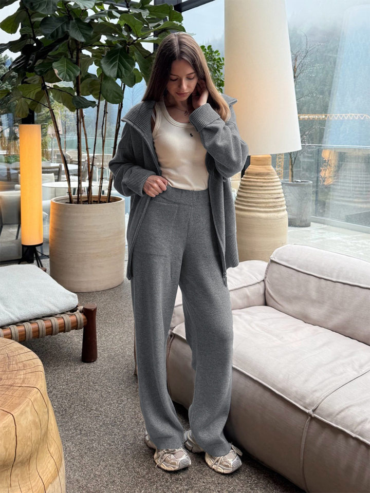 Bộ đôi áo len dệt kim cổ bẻ hai khóa kéo có túi và quần ống rộng phong cách thanh lịch — Màu kaki, Màu trắng ngà, Màu xám nhạt, Màu xám đậm chi tiết 20