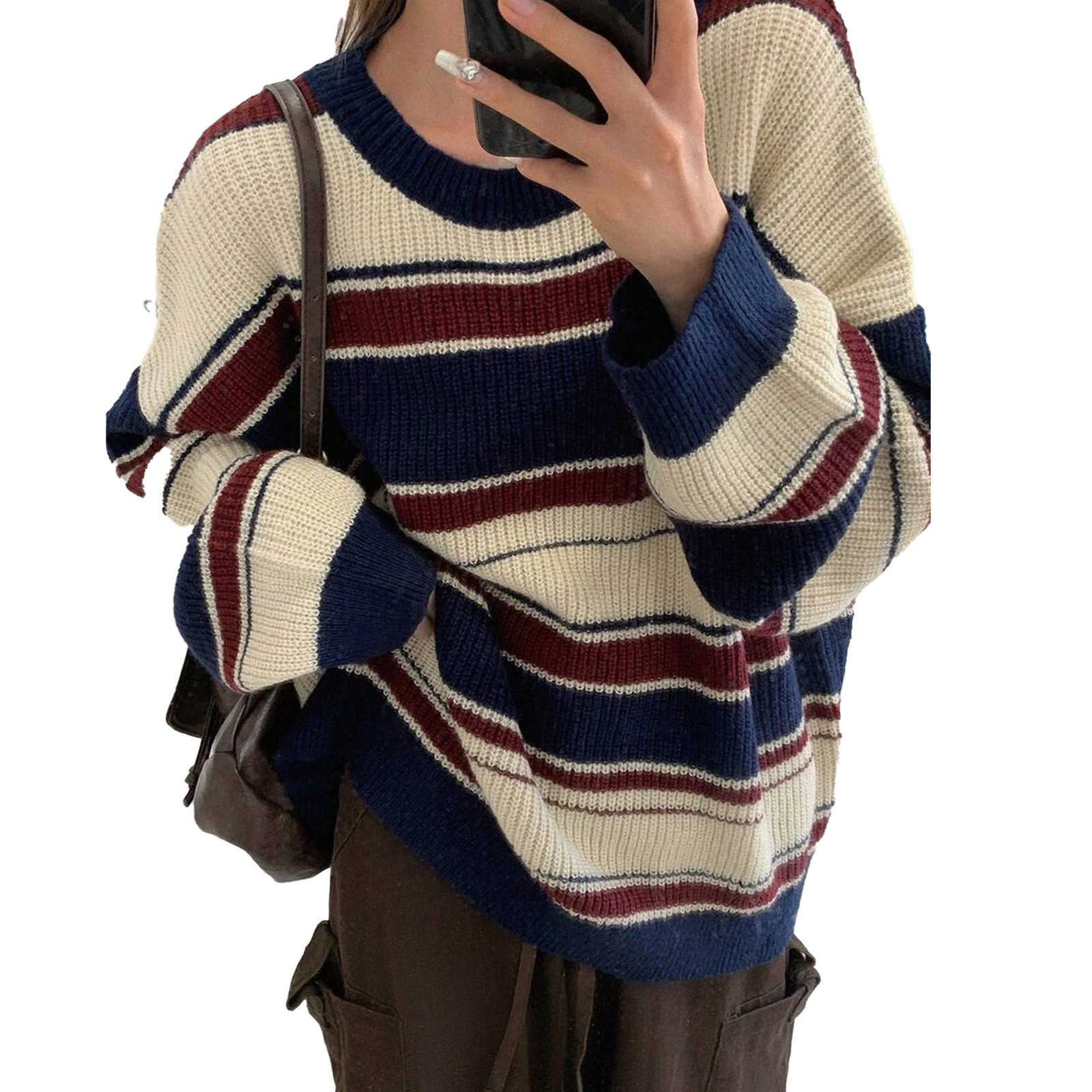 Pull rayé transfrontalier européen et américain pour femmes hiver rétro décontracté couleur bloquée pull à col rond étudiant pull ample
