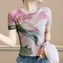 大码春夏妈妈装时尚洋气短袖圆领网纱t恤女烫金定位花上衣小衫女