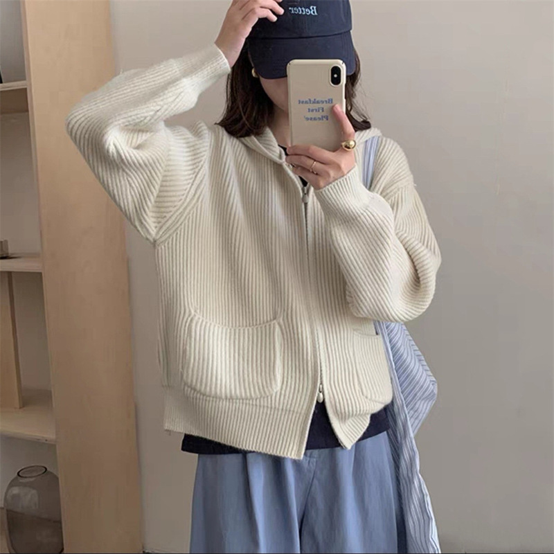 加厚简约坑条双口袋连帽拉链毛衣外套女秋冬新款宽松软糯针织开衫|undefined