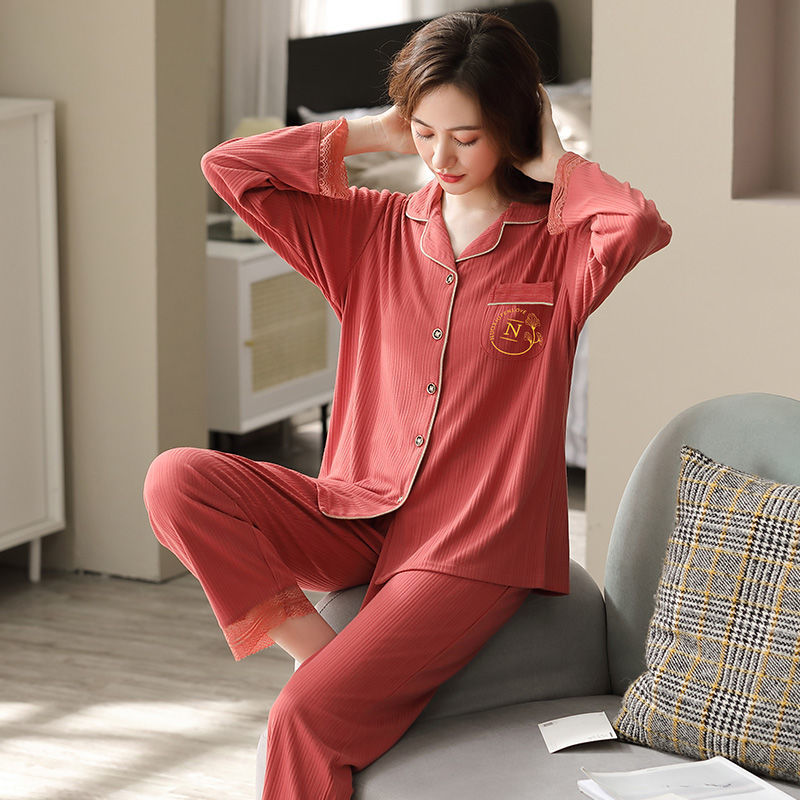 Pijamas de algodón puro Primavera y otoño de las mujeres de manga larga más tamaño cardigan traje de mediana edad y ancianos madre pijamas Otoño e Invierno