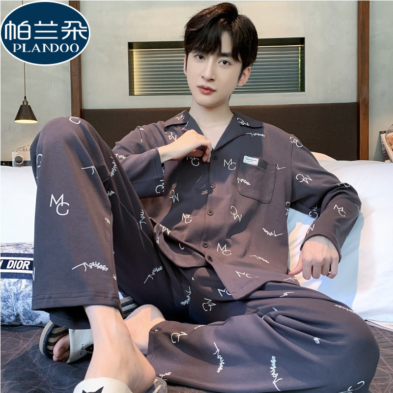 Pijamas de los hombres de primavera y otoño 100% algodón pantalones de manga larga delgada más tamaño de los hombres de alto grado traje de desgaste para el hogar