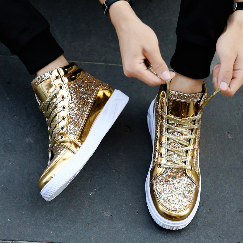 Autumn silver Mid-top Board Shoes Golden High-top Shoes Men's Shoes Korean-style Trendy Men's Street Dance Shoes Gaobang Sports Casual Shoes