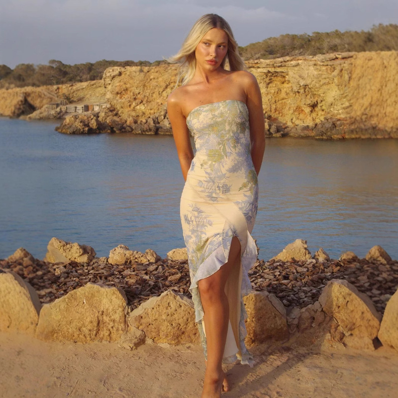 Ayj25L209-2025 European and American Style Elegant Style Mesh Printed Slim Fit Seaside Vacation Tube Top Dress