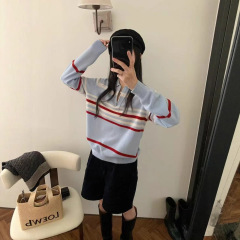 秋冬季新款拉链polo领长袖条纹针织打底衫女设计感毛衣修身上衣韩